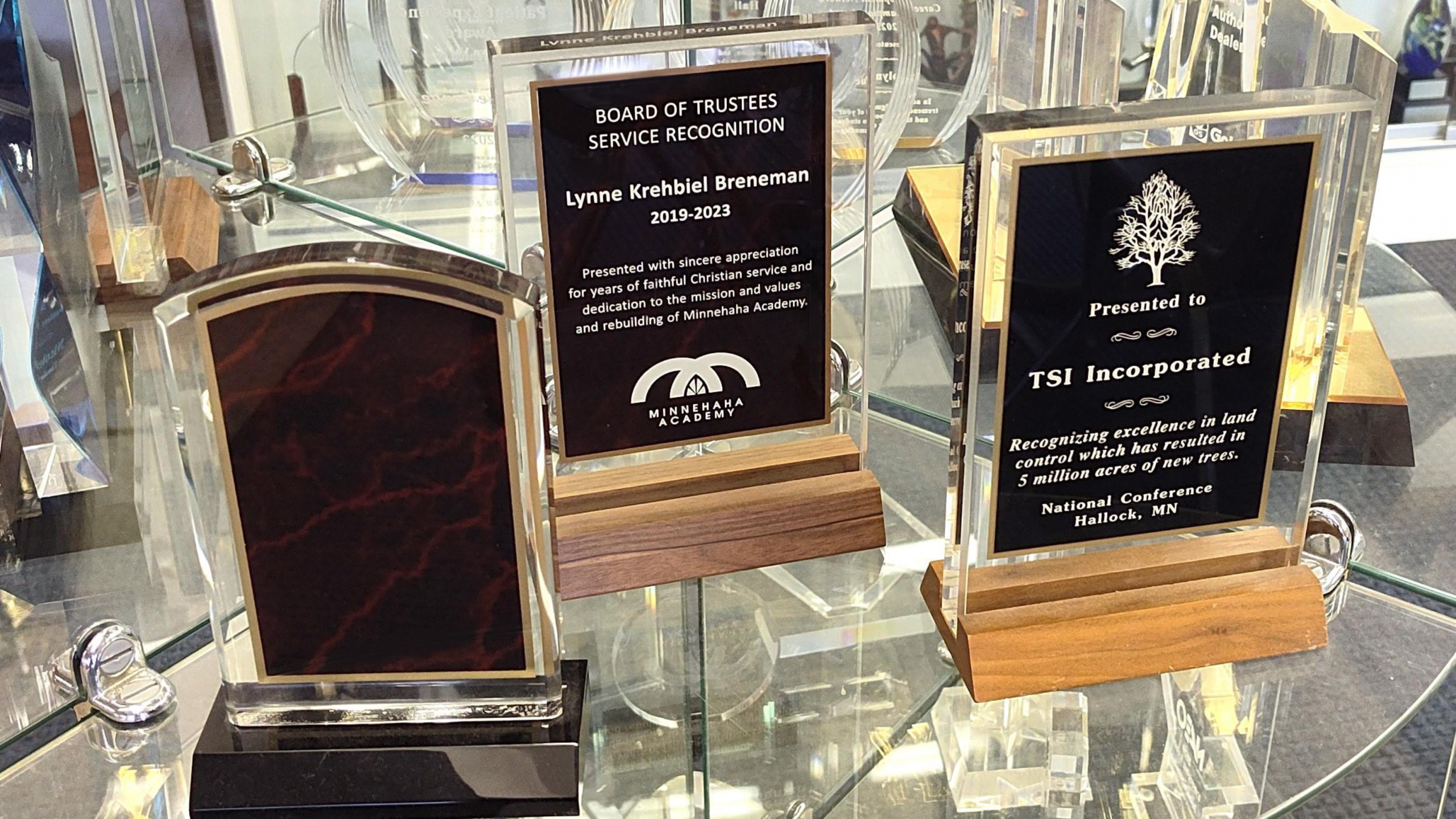 a small closeup display of acrylic awards