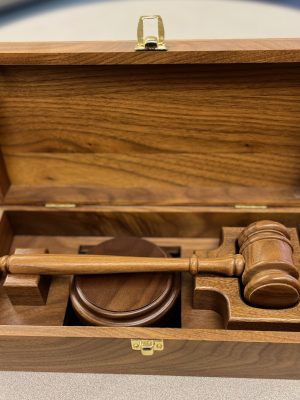 An award gavel set in a wooden display case from Awards By Hammond