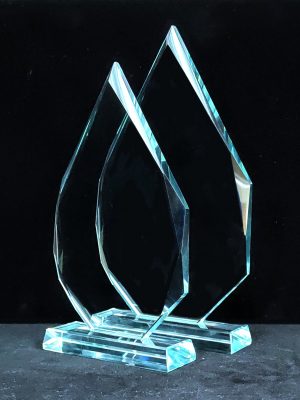 Two triangular shaped glass awards with rectangle bases from Awards By Hammond
